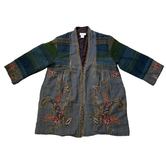 Soft Surroundings Izmur Wool Patchwork Tapestry Jacket L Embroidered Boho Art - Picture 2 of 8
